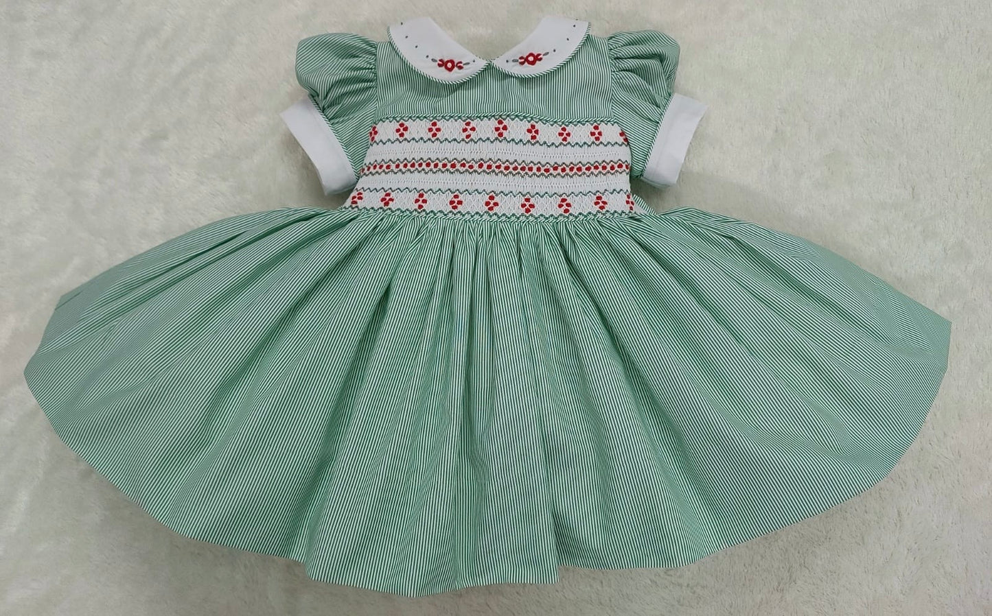 Green pinstripes smocked dress