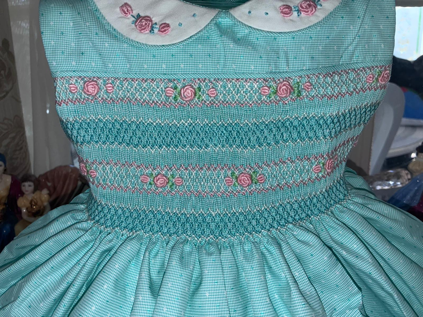Hand Smocked Baby Girl Dress UK | Mint Sleeveless Dress with Pink Smocking | Matching Boys Outfit | Baby Jones Ltd