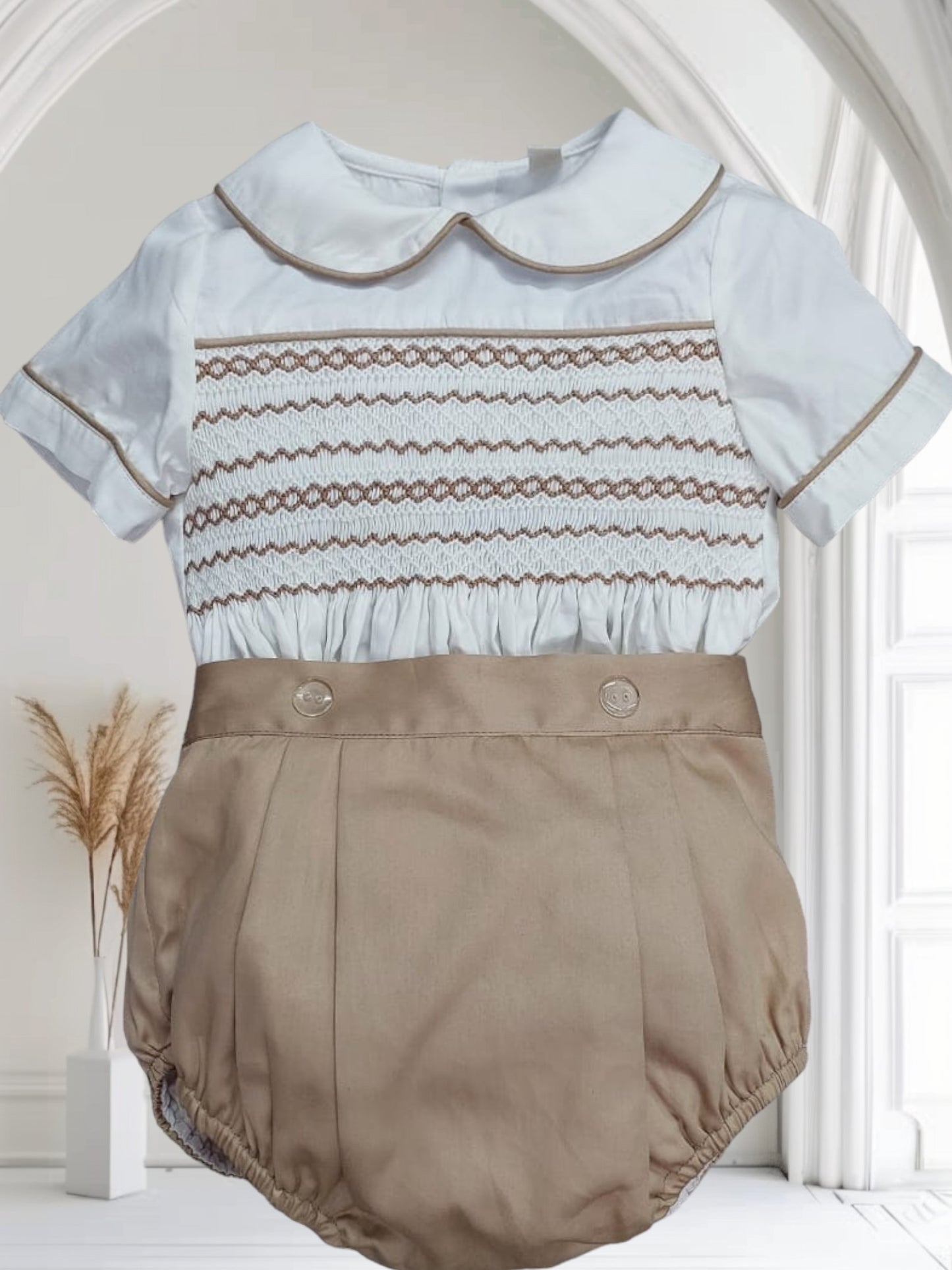 Camel smocked matching boys suits