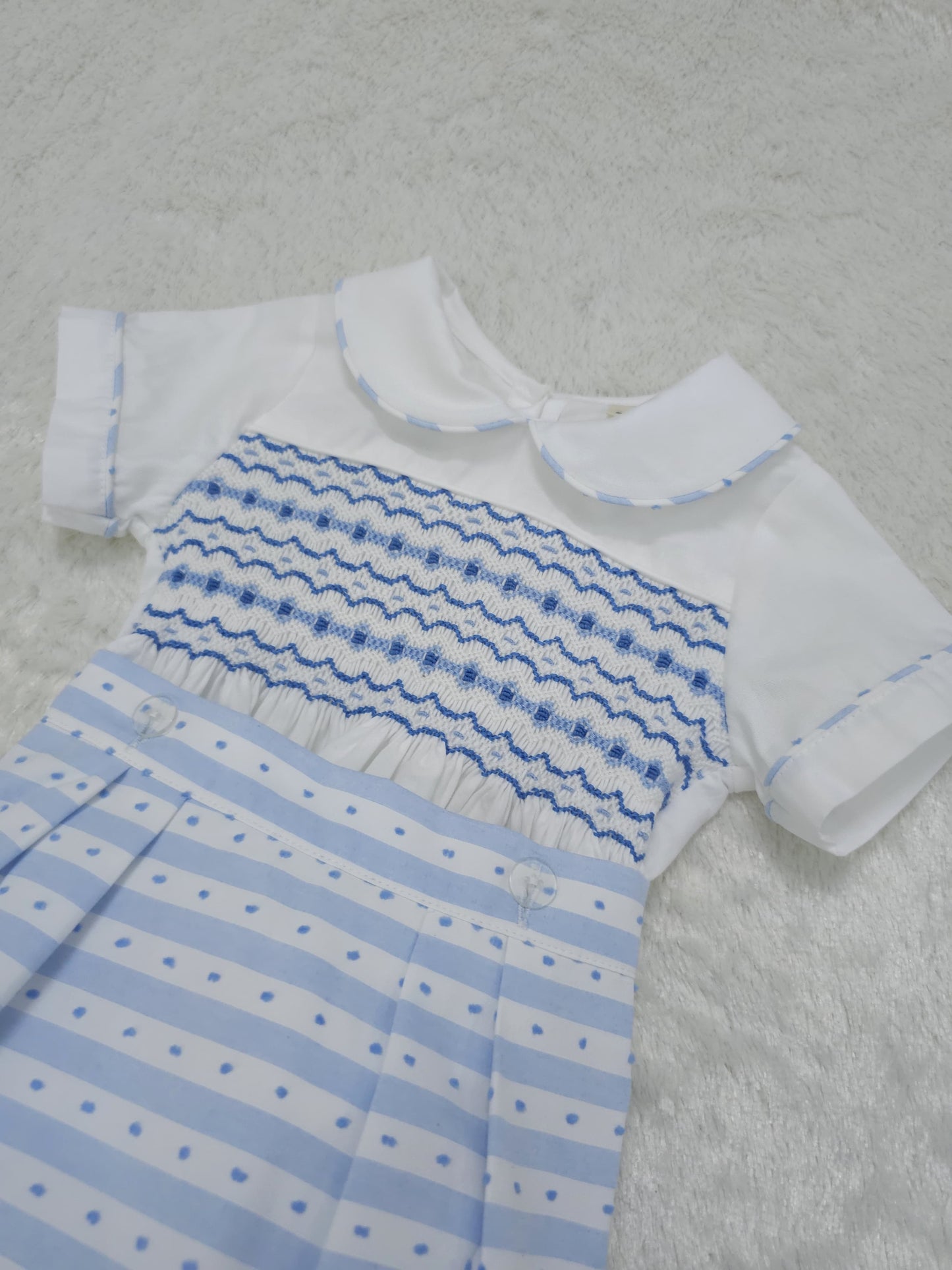Baby blue stripe smocked boys romper