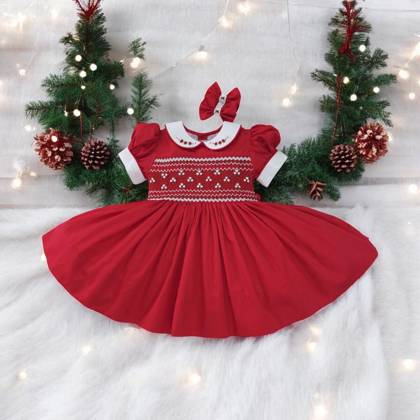 Red Christmas Smocked back & front Dress
