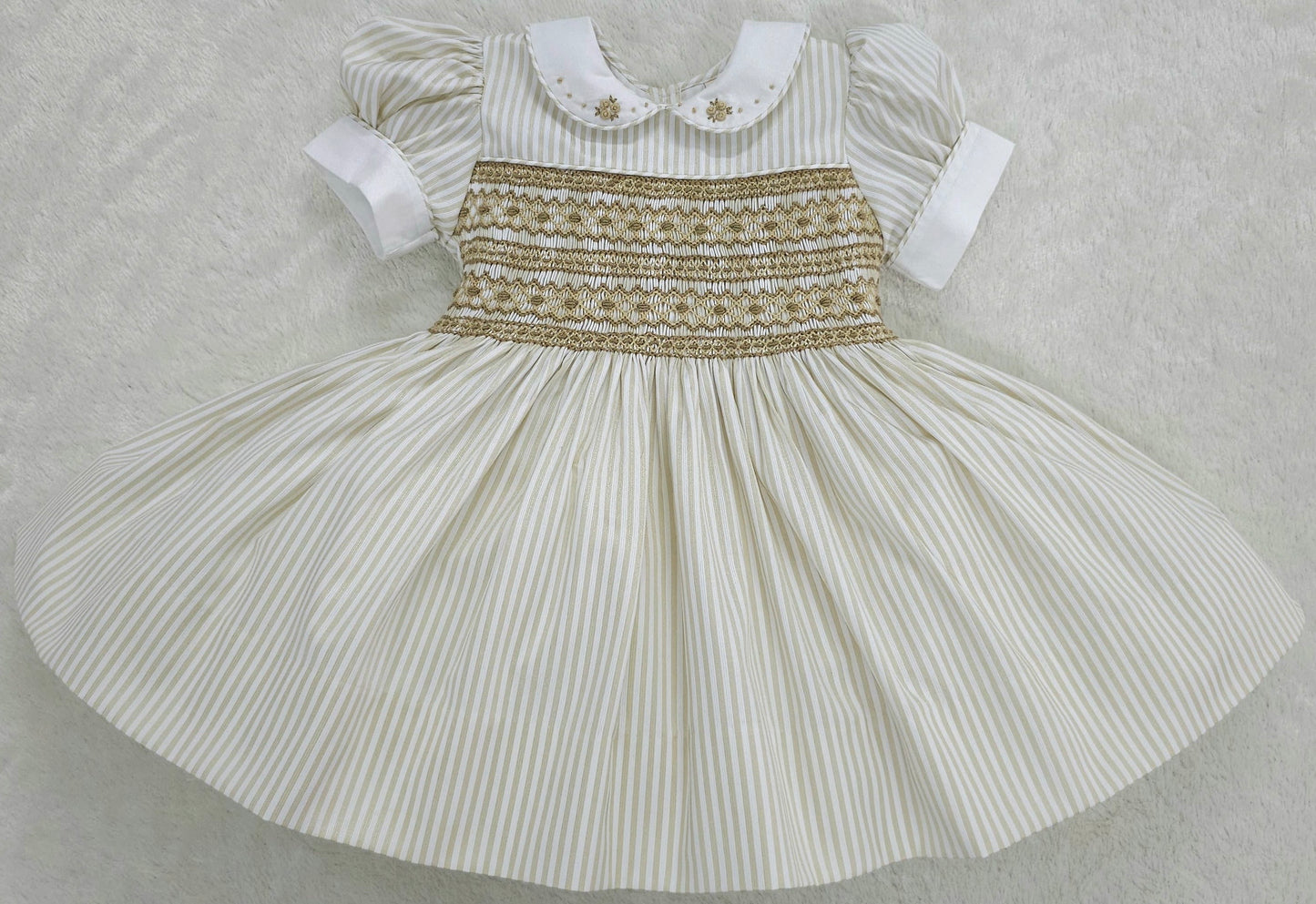 Gold and white striped dress with tan smocking ( got matching boys suit available )