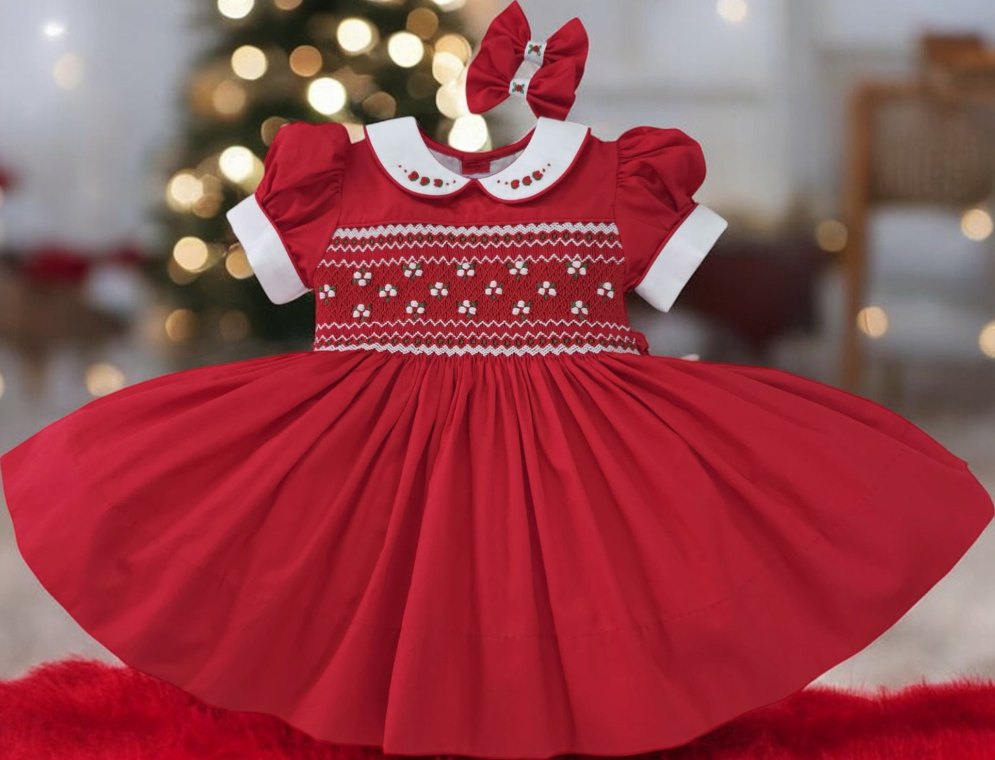 Red Christmas Smocked back & front Dress