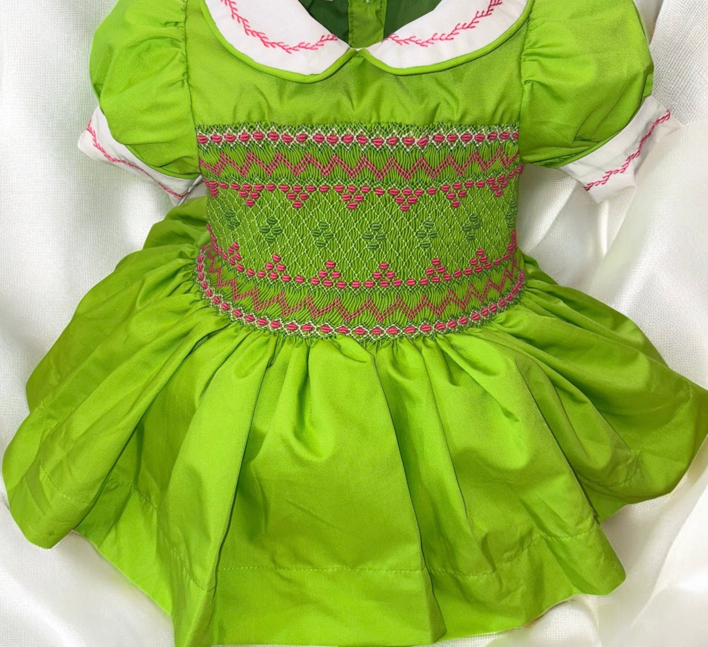Bright green with hot pink smocked back and front