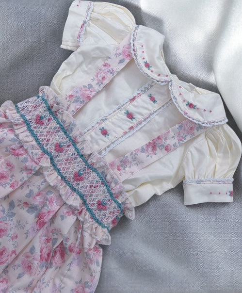 Girls floral romper with smocked waistband and cream shirt ( got matching dress available?