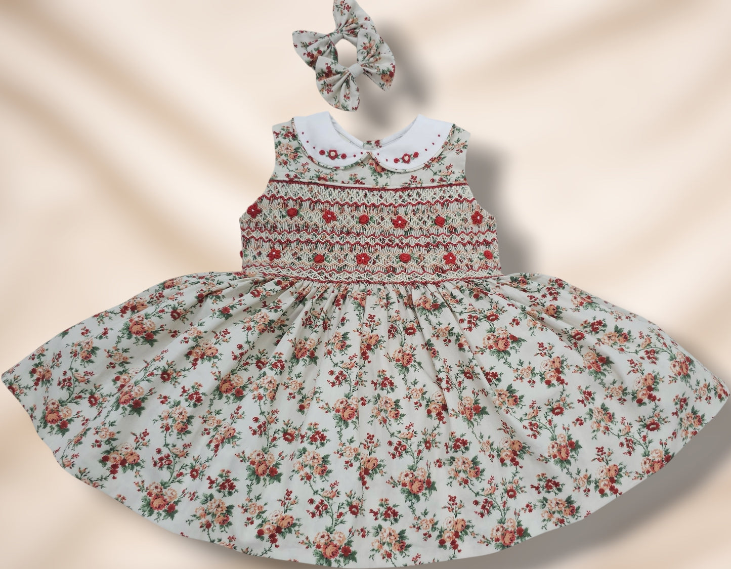 Vintage Style Red Floral Hand-Smocked Sleeveless Dress