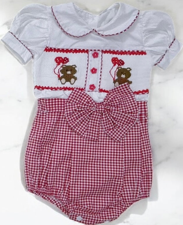 Girls red checkered smocked teddy bear romper