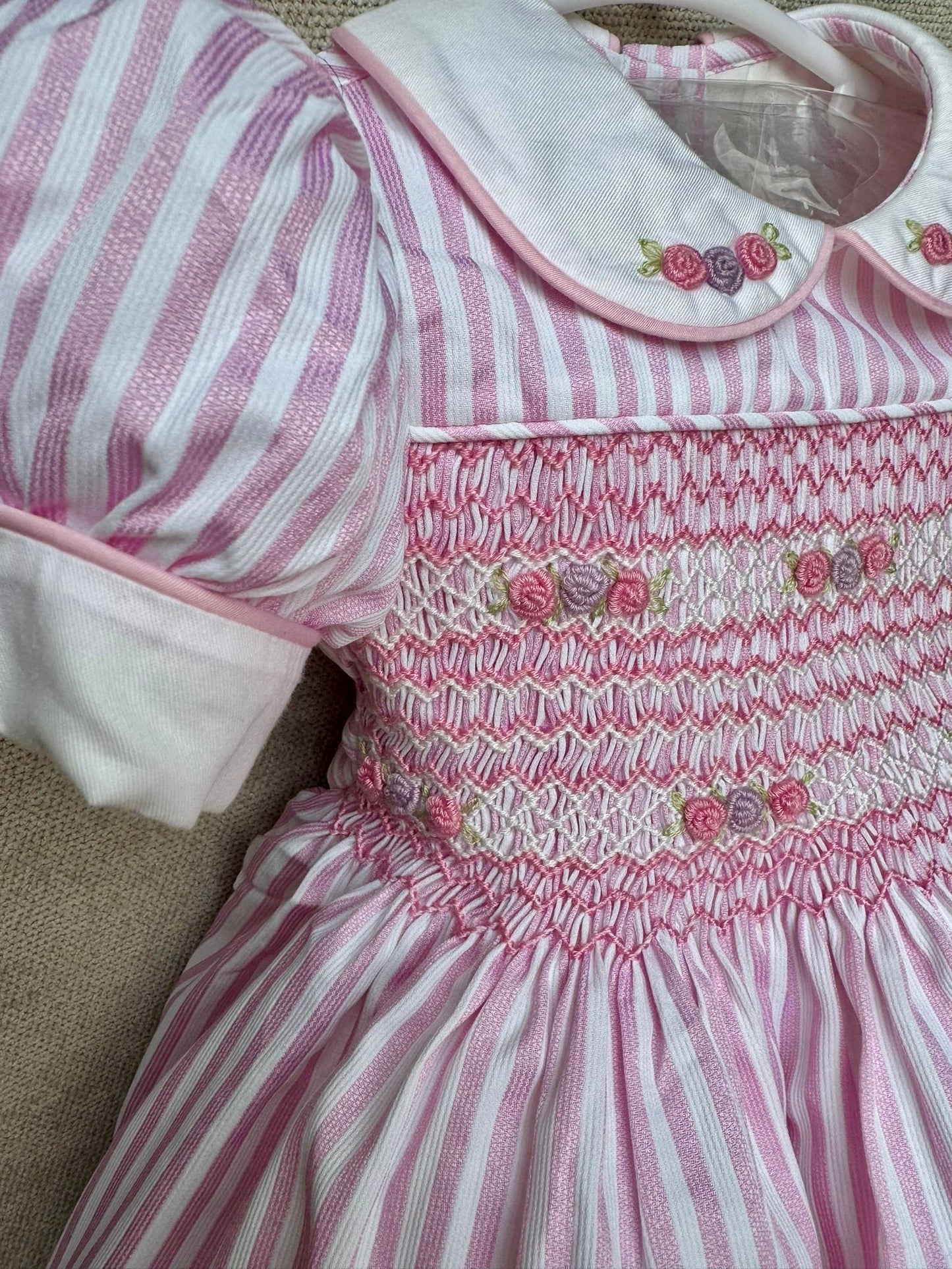 Pink and white stripe with pink and lilac smocking