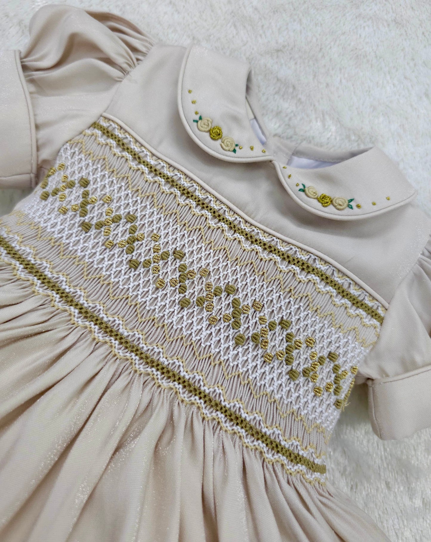 Cream shimmer with gold smocking ( matching boys suit available) PRE ORDER HERE IN 2-3 WEEKS