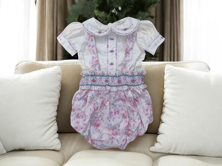 Girls floral romper with smocked waistband and cream shirt ( got matching dress available?