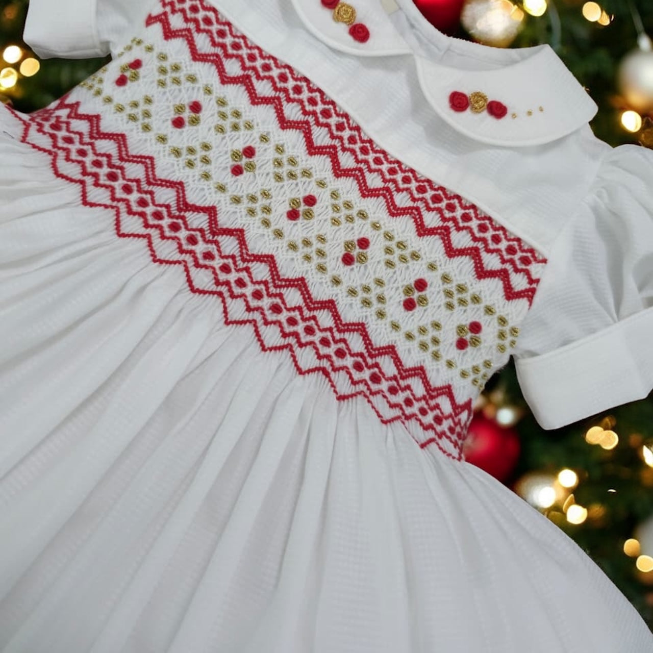 White smocked back and front with red and gold ( for matching boys suit ) PRE ORDER HERE IN 2-3 WEEKS