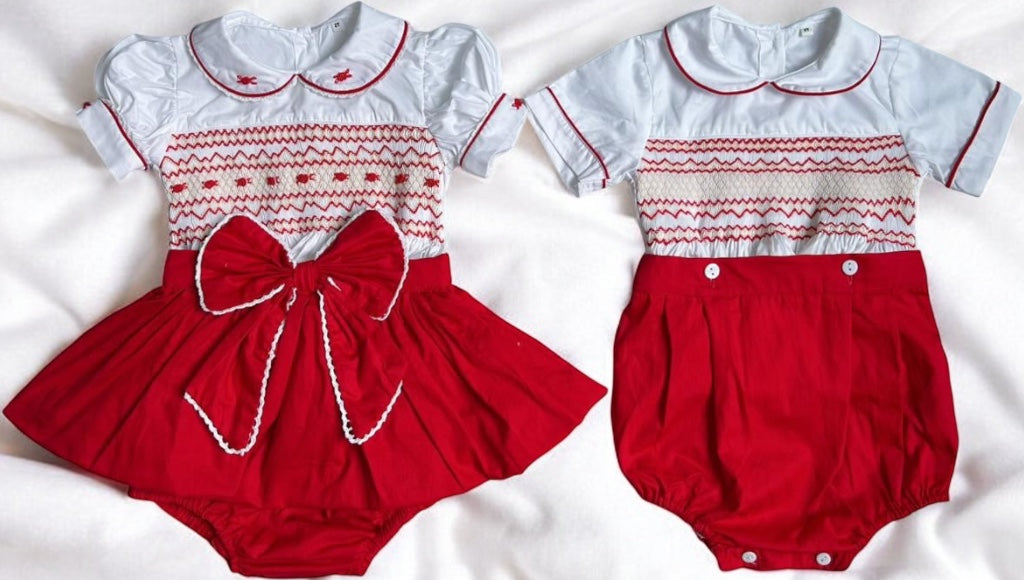 Red smocked skirt romper