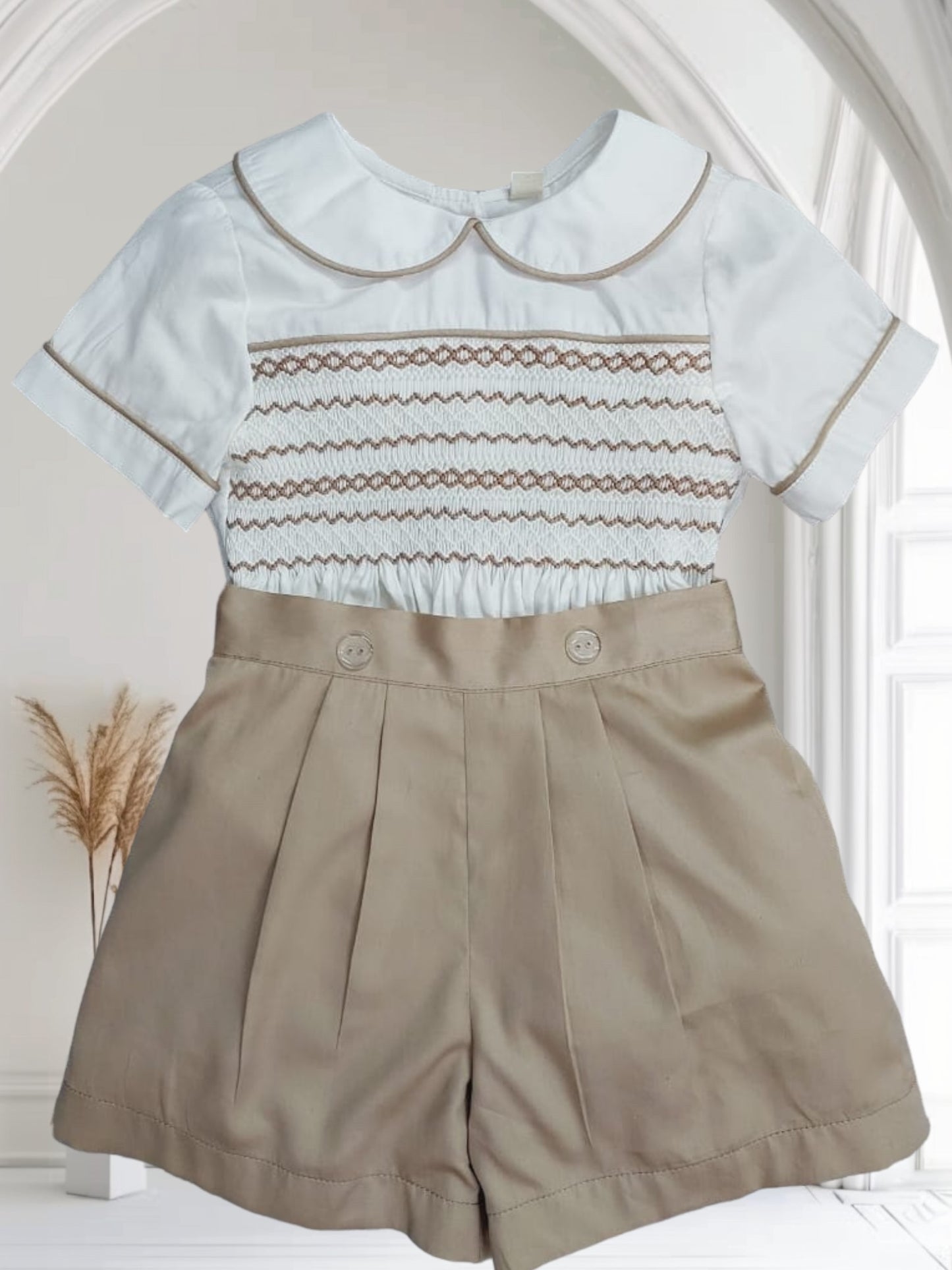 Camel smocked matching boys suits