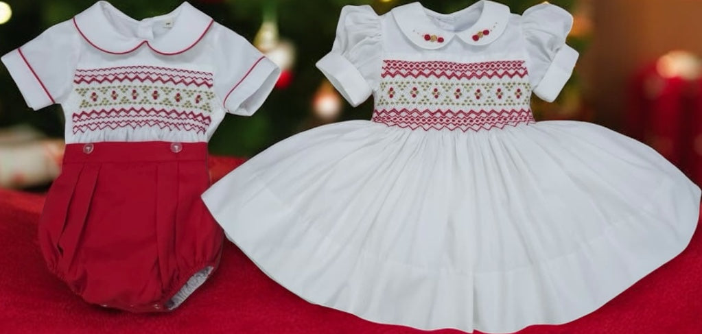 White smocked back and front with red and gold ( for matching boys suit ) PRE ORDER HERE IN 2-3 WEEKS