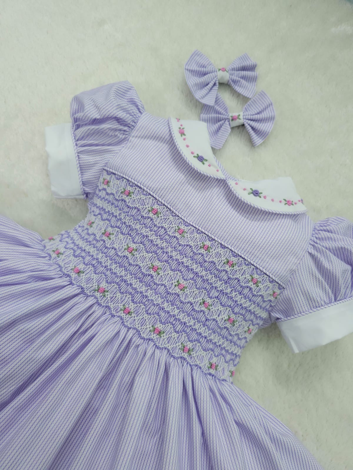 Lilac pinstripe smocked dress