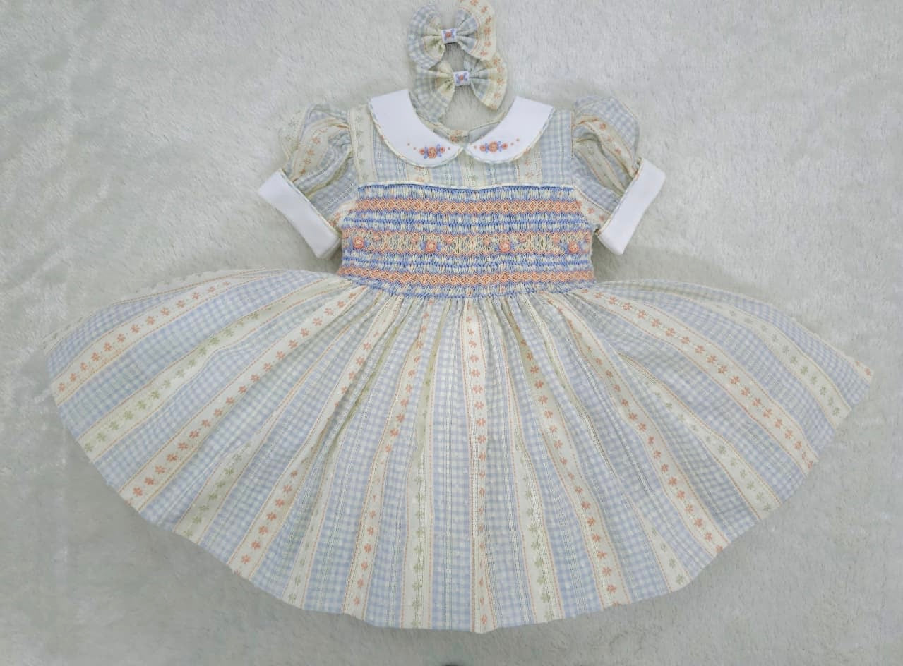 Orange and blue checkered vintage fabric smocked dress