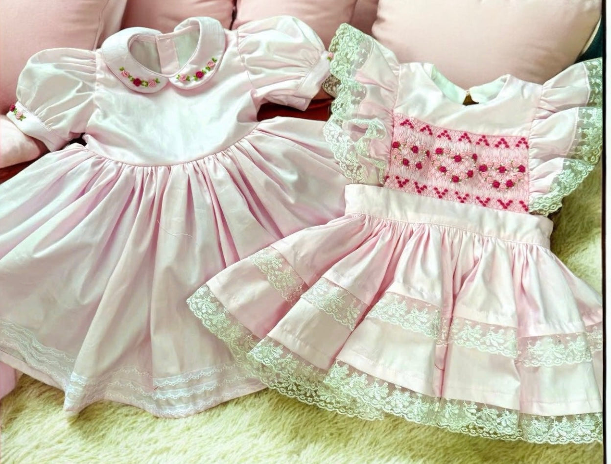 Pink classic dress with smocked pinny