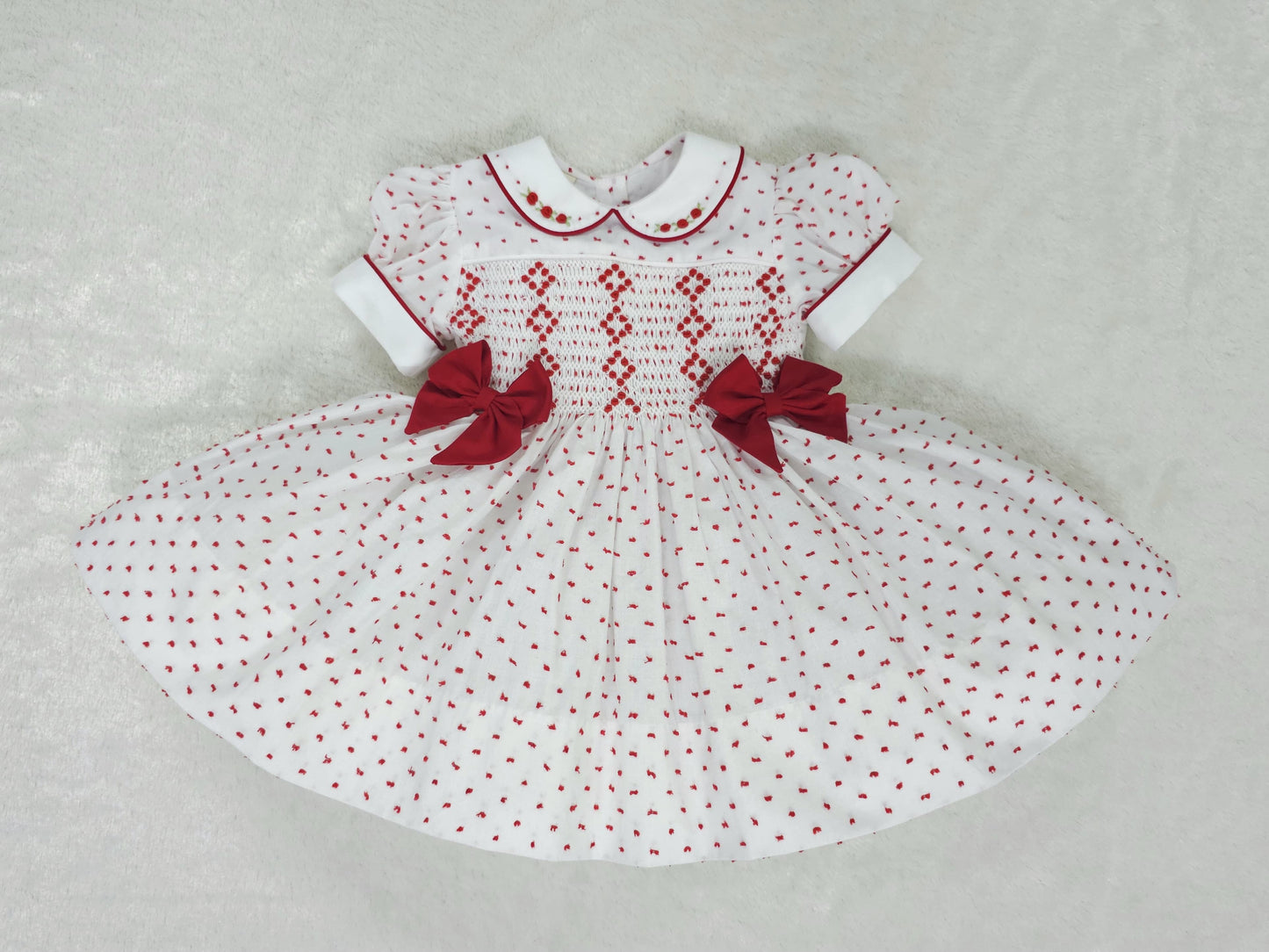 White with red Swiss dot and attached bows