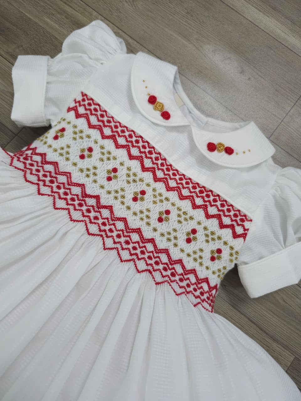 White smocked back and front with red and gold ( for matching boys suit ) PRE ORDER HERE IN 2-3 WEEKS
