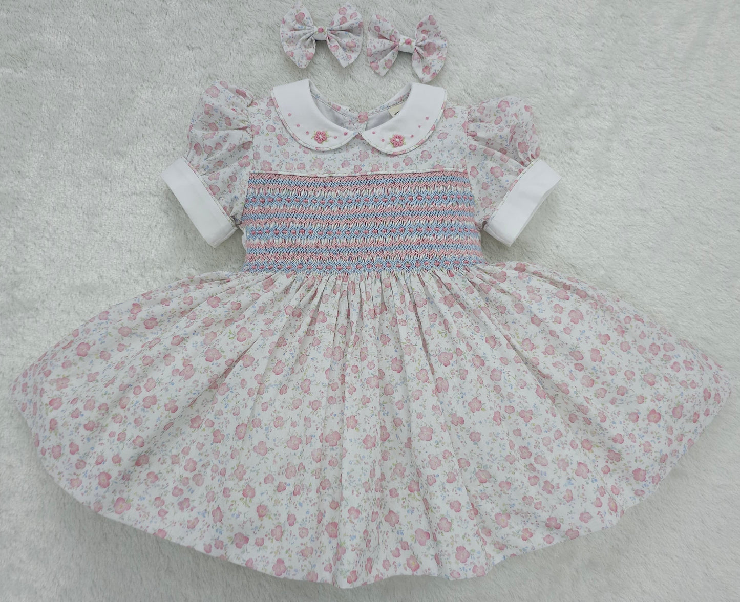 Pink and blue floral smocked dress