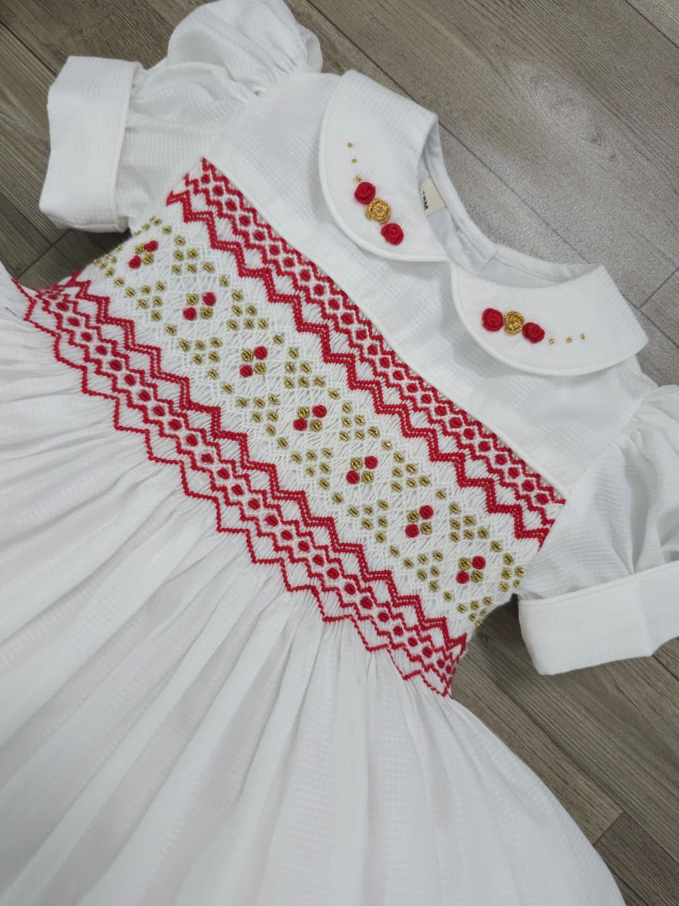 White smocked back and front with red and gold ( for matching boys suit ) PRE ORDER HERE IN 2-3 WEEKS