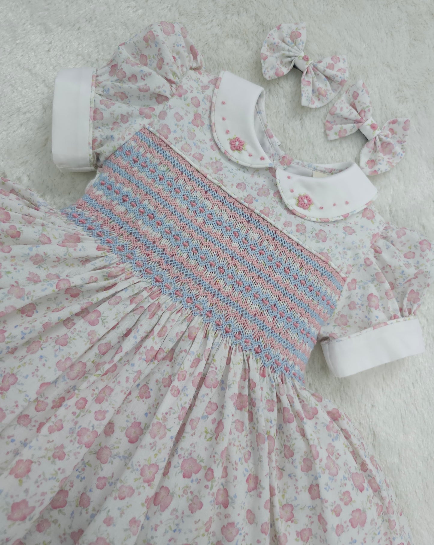Pink and blue floral smocked dress