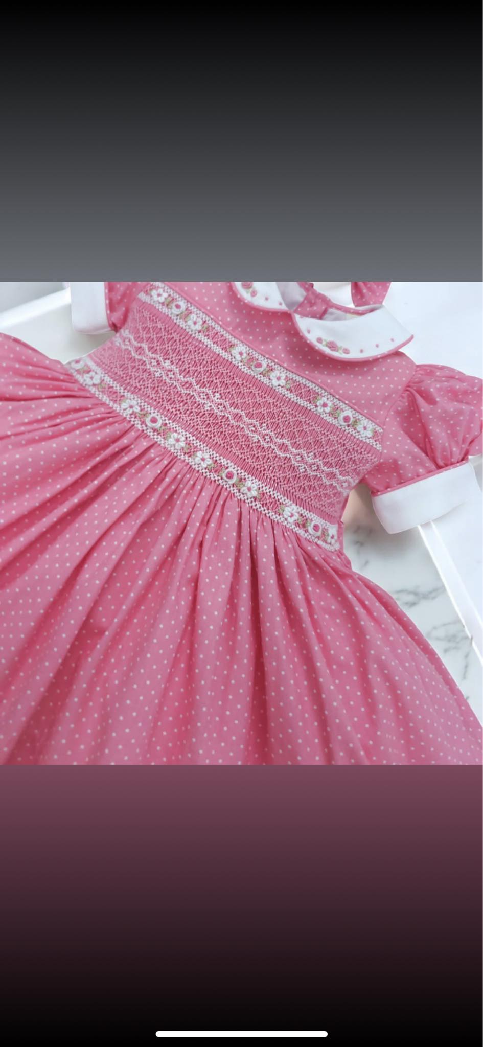 Pink polkadot with white smocking and embroidery ( got matching romper available )