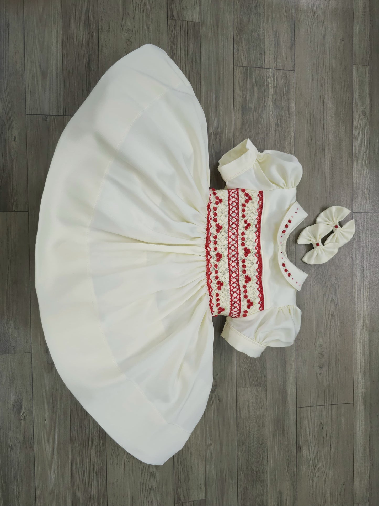Cream and red smocked dress PRE ORDER HERE IN 2 WEEKS