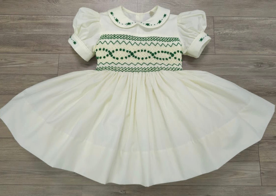 Cream and green smocked back and front ( got matching boys suit available ) PRE ORDER HERE JN 2-3 WEEKS