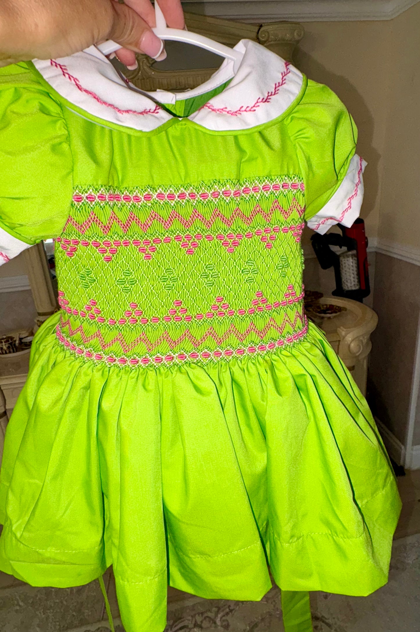 Bright green with hot pink smocked back and front