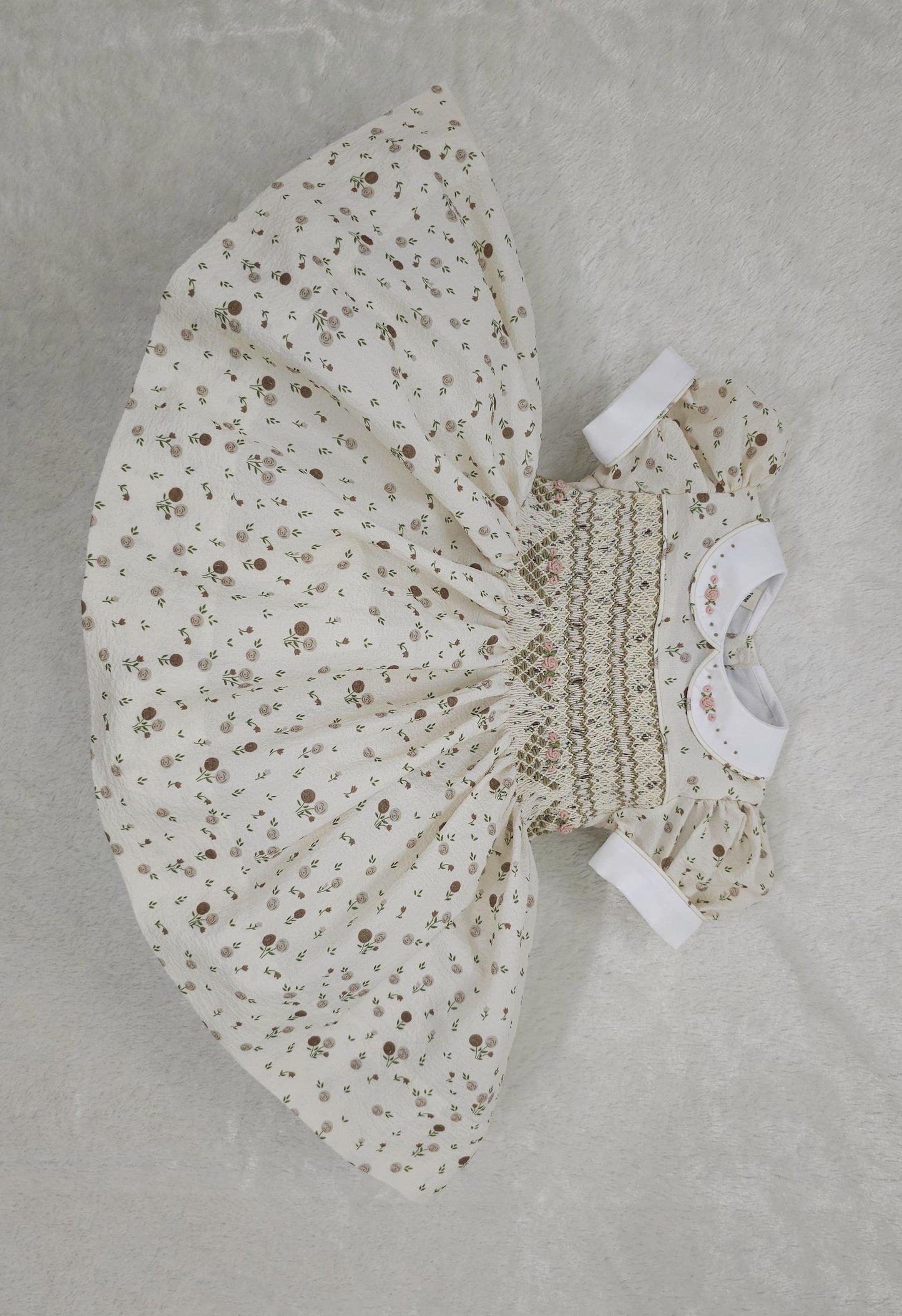 Hand smocked Cream & coffee floral dress