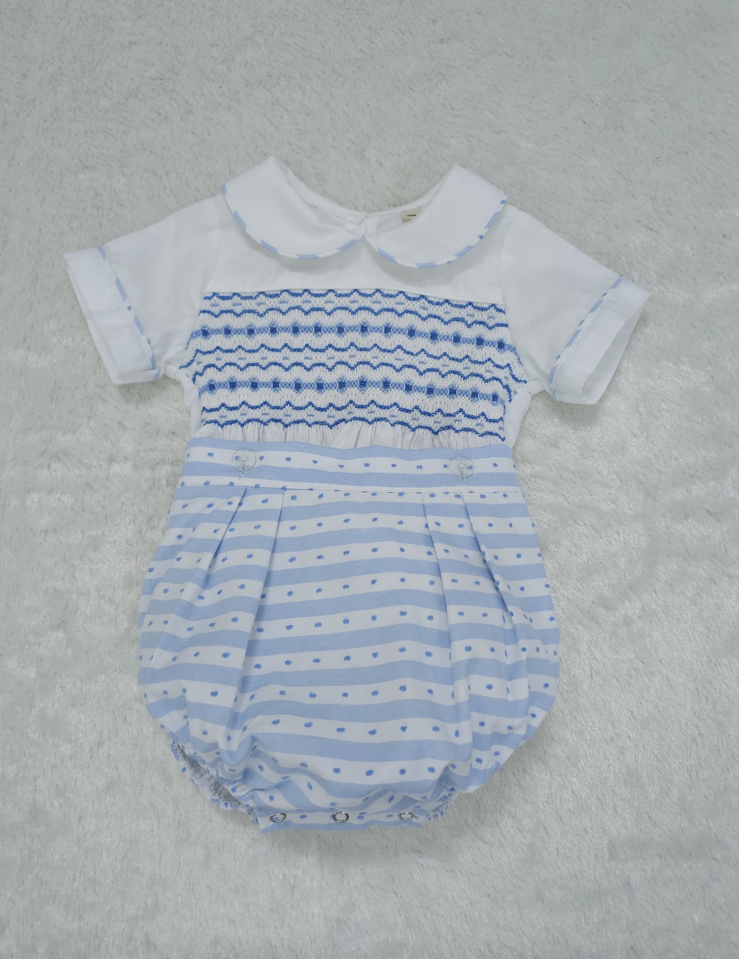 Baby blue stripe smocked boys romper
