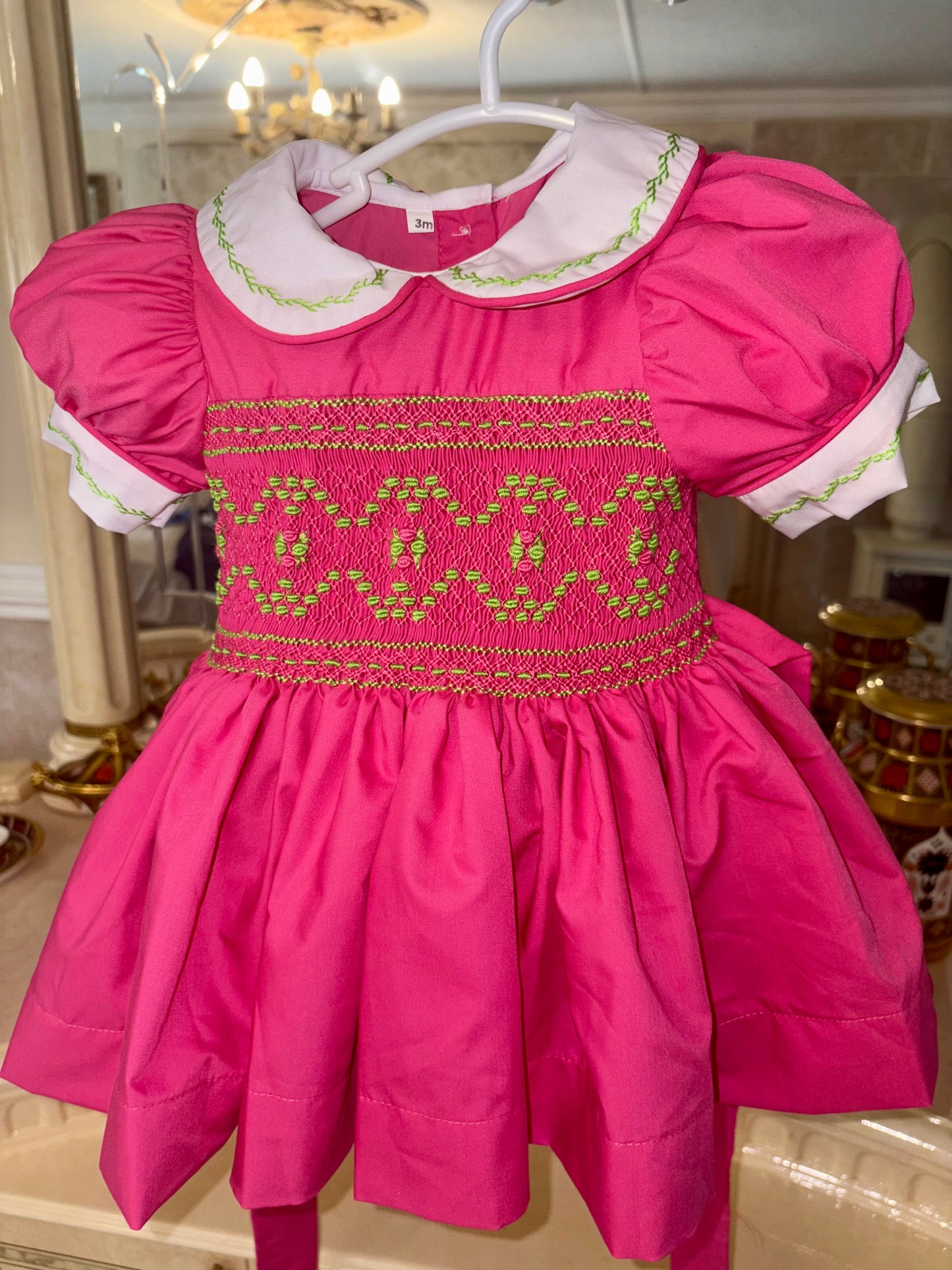 Hot pink with bright green smocked back and front