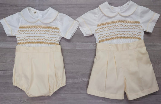 Cream and tan smocked boys suit