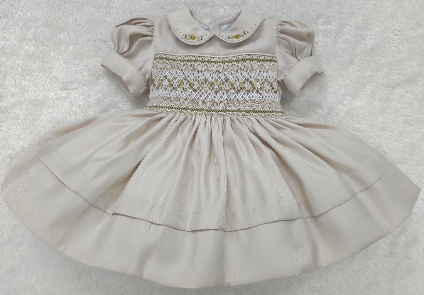 Cream shimmer with gold smocking ( matching boys suit available) PRE ORDER HERE IN 2-3 WEEKS