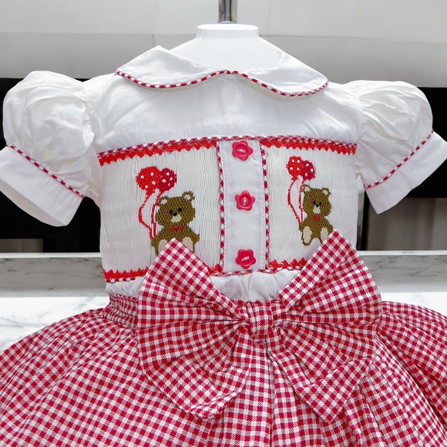 Girls red checkered smocked teddy bear skirt set ( got matching romper & boys suit available )