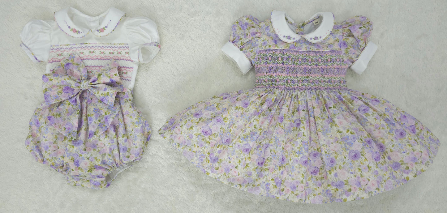 Floral lilac & pink smocked back and front ( got matching romper available )