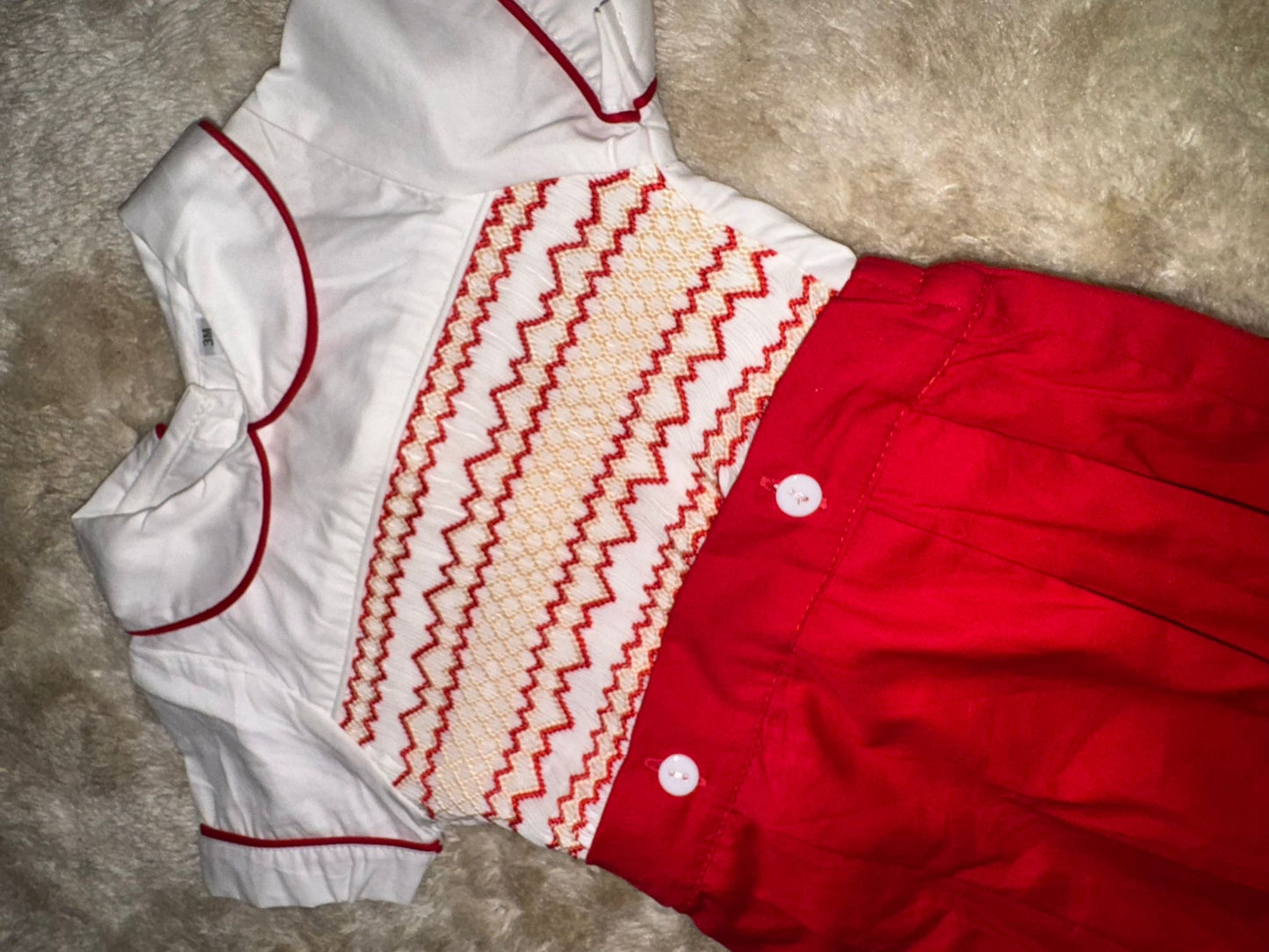 Red smocked boys suit ( got matching girls romper available )