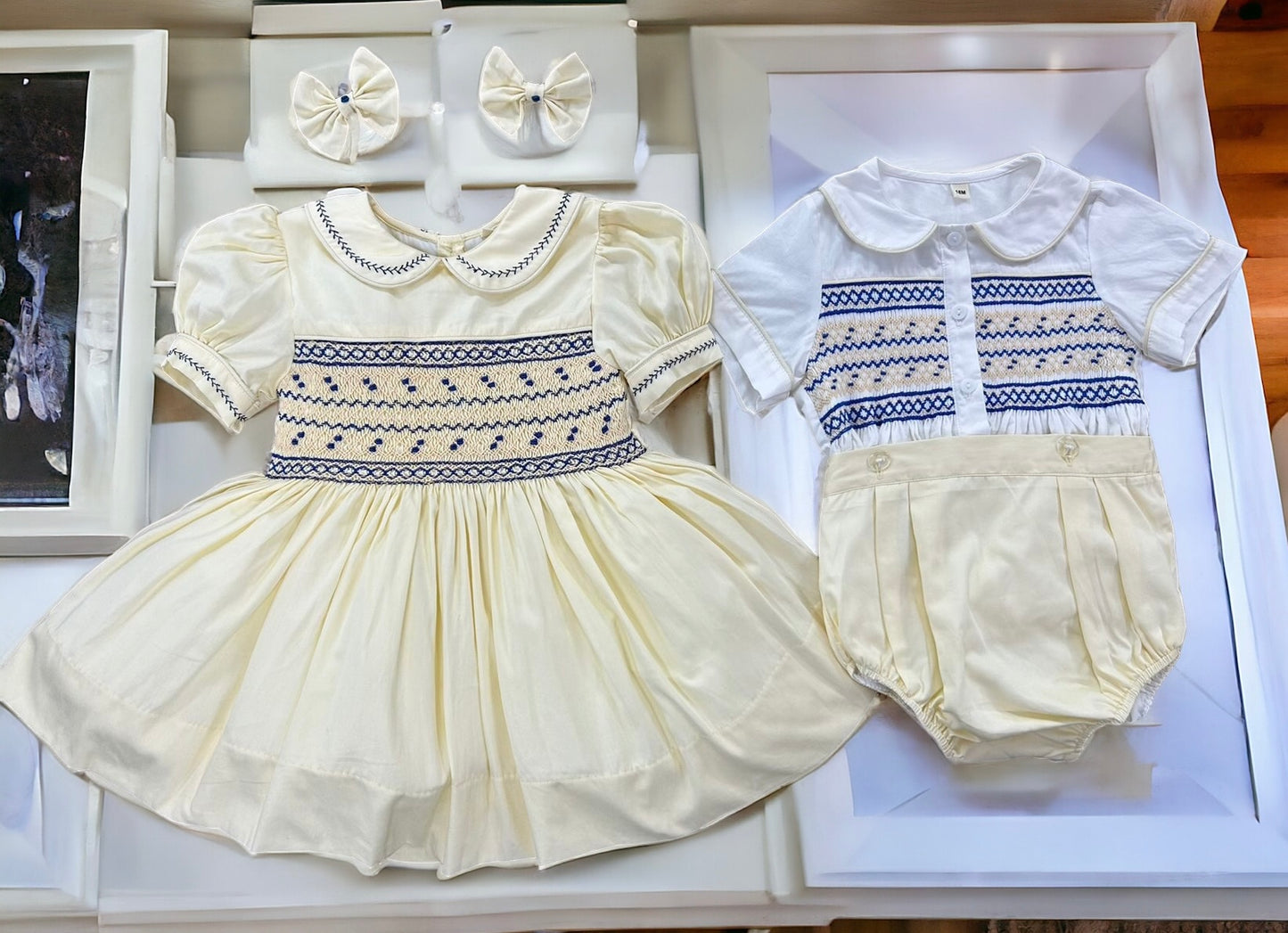 Butter Cream and Blue smocked dress
