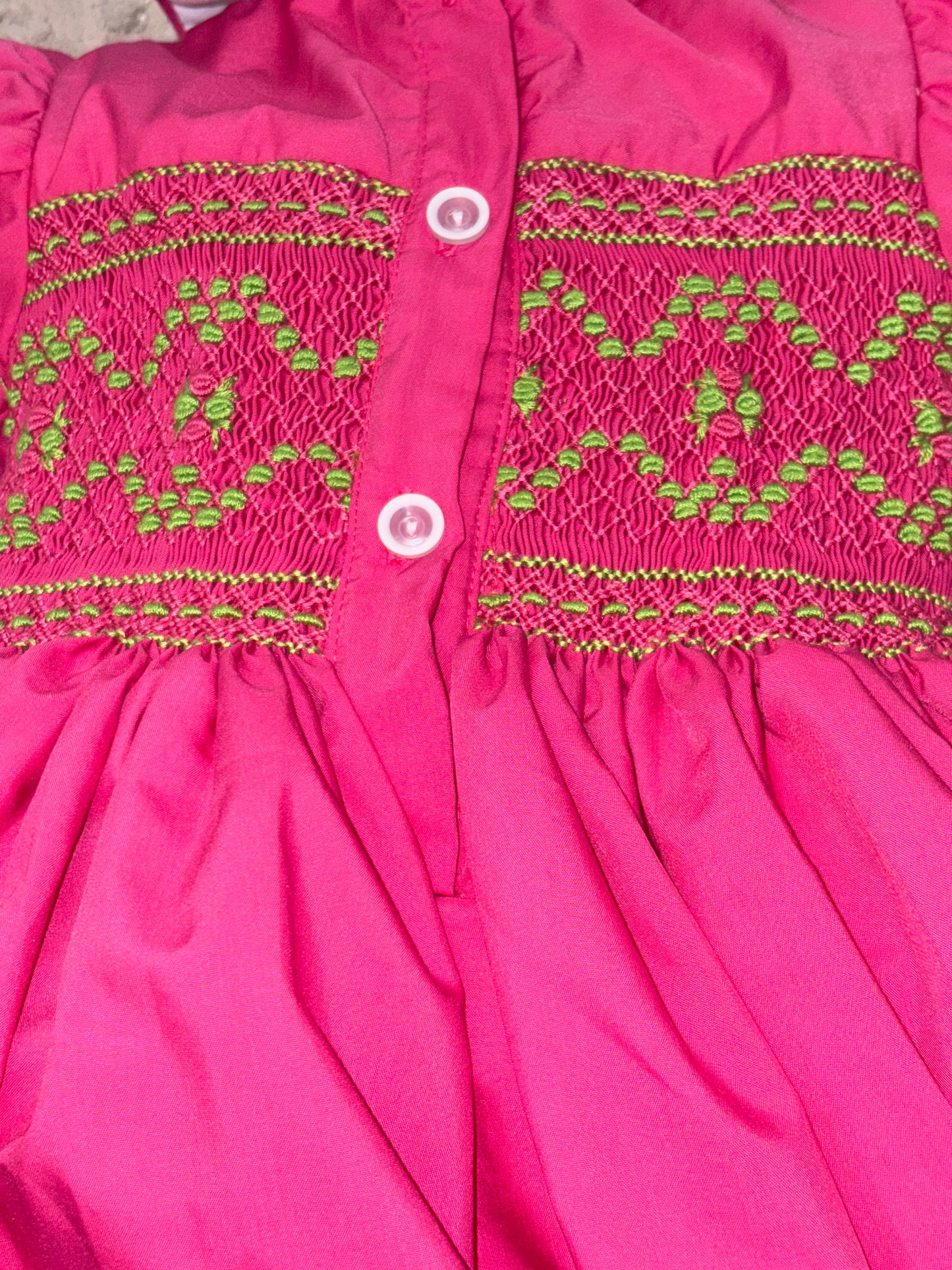 Hot pink with bright green smocked back and front