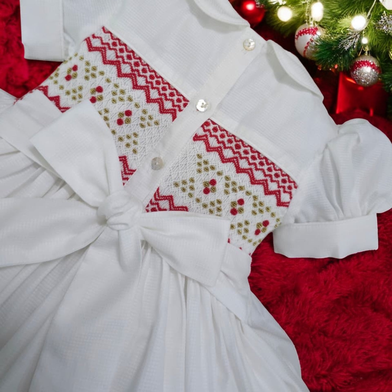 White smocked back and front with red and gold ( for matching boys suit ) PRE ORDER HERE IN 2-3 WEEKS