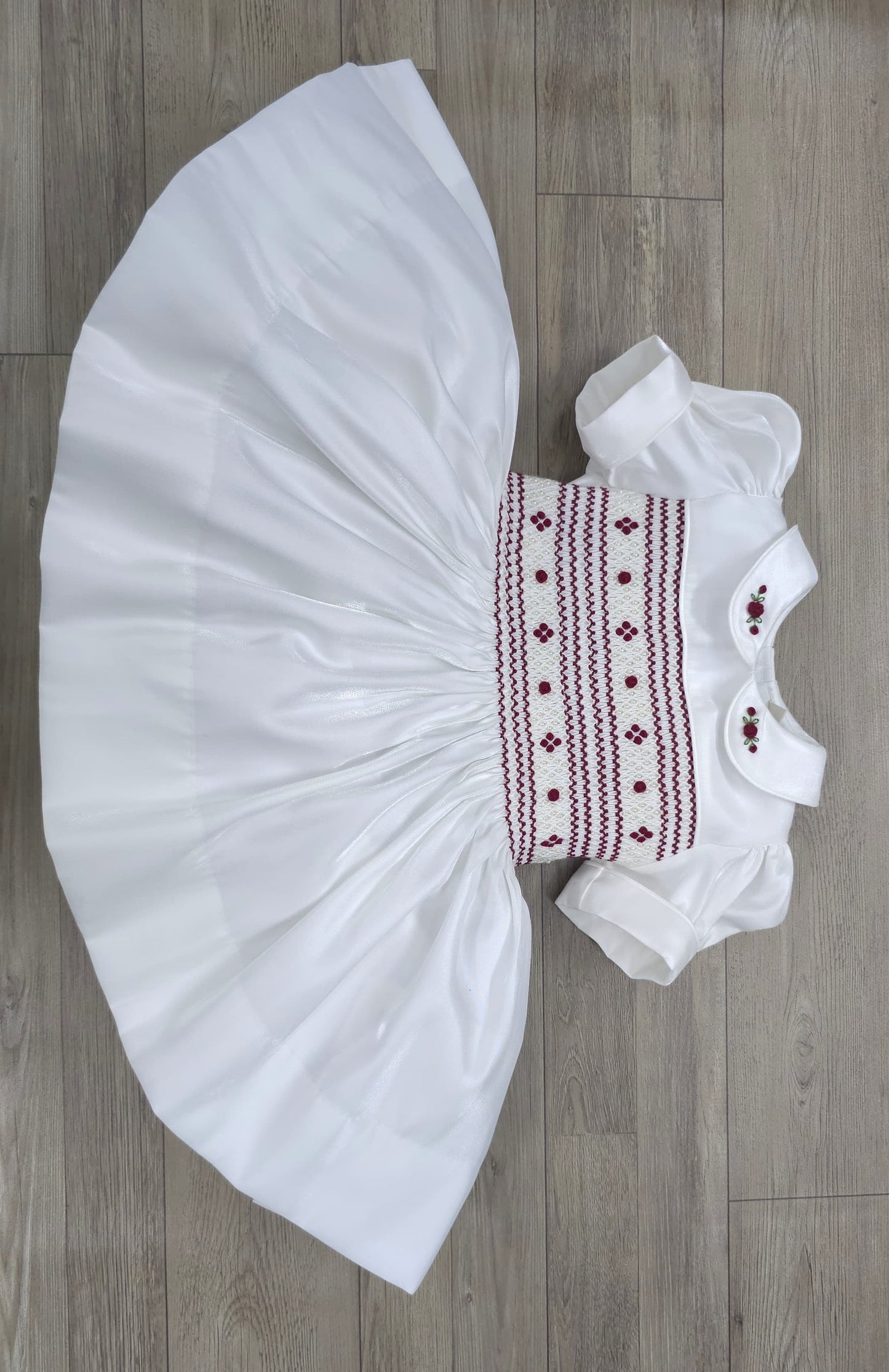 White with burgandy smocking and pearls PRE ORDER HERE IN 3 WEEKS