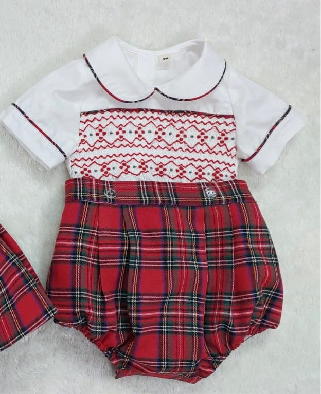 Boys red tartan smocked suit