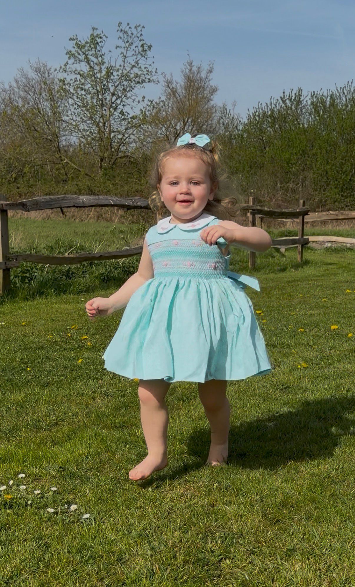 Hand Smocked Baby Girl Dress UK | Mint Sleeveless Dress with Pink Smocking | Matching Boys Outfit | Baby Jones Ltd