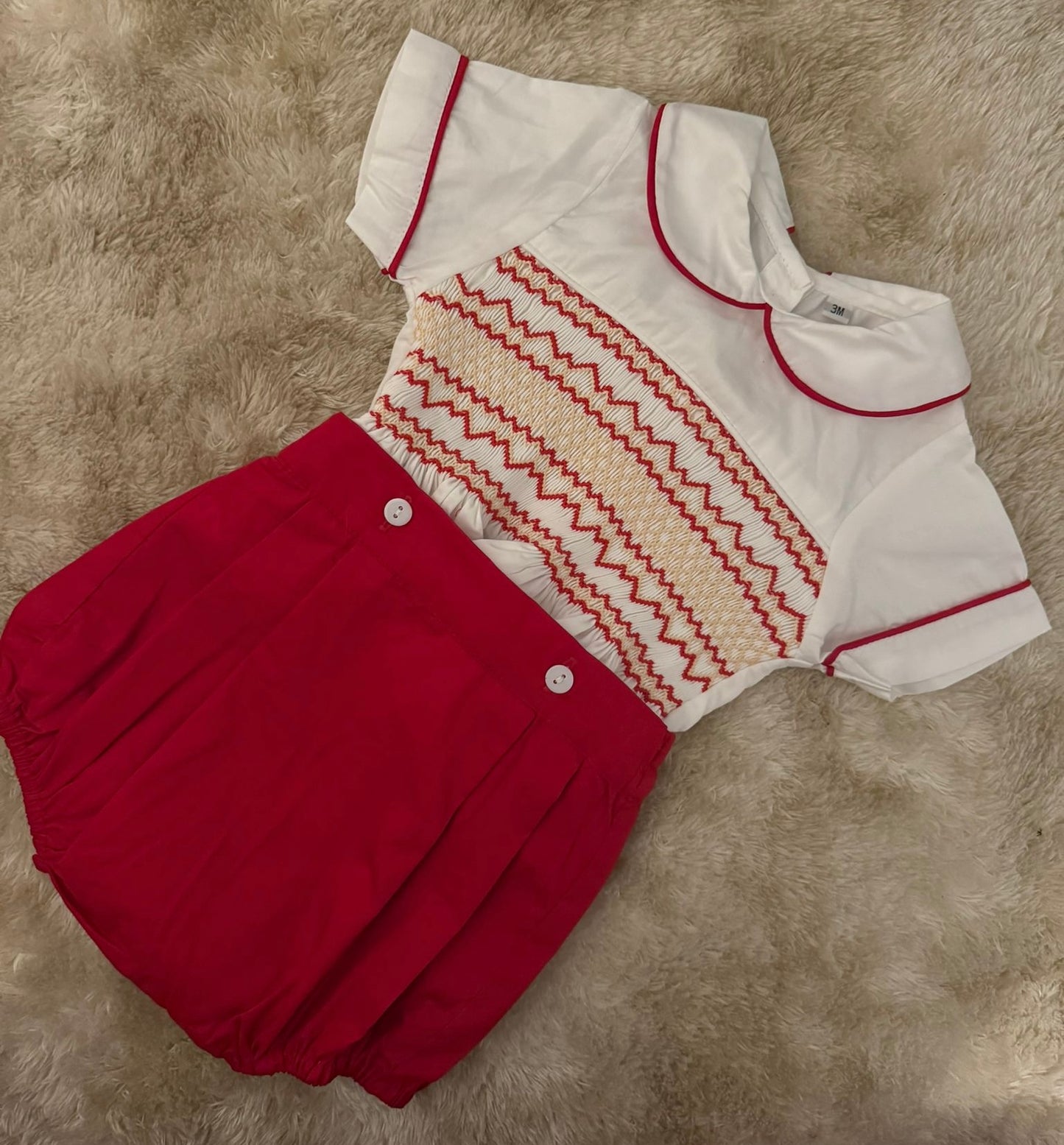 Red smocked boys suit ( got matching girls romper available )
