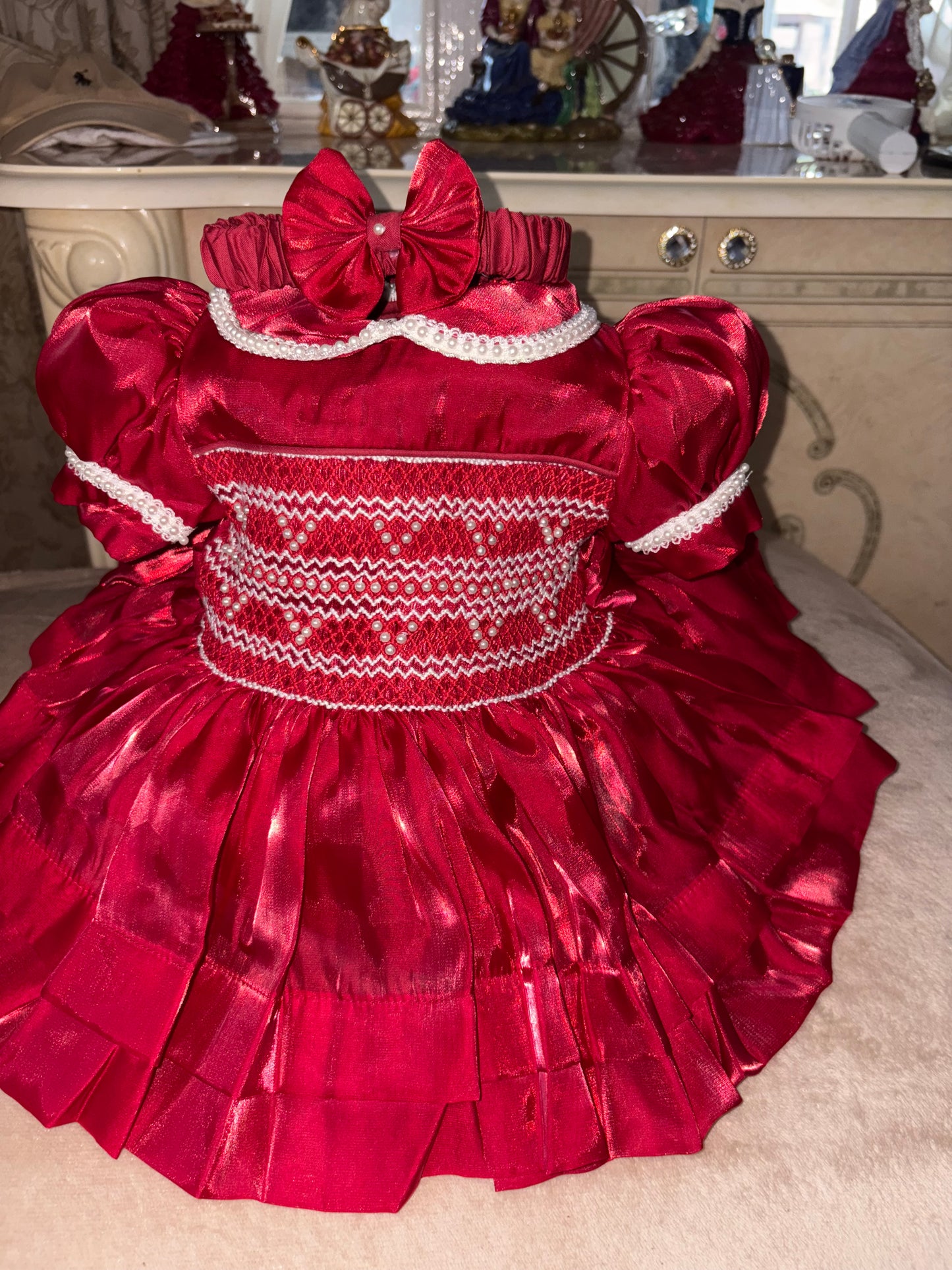 Silk Organza Burgandy smocked dress with pearls
