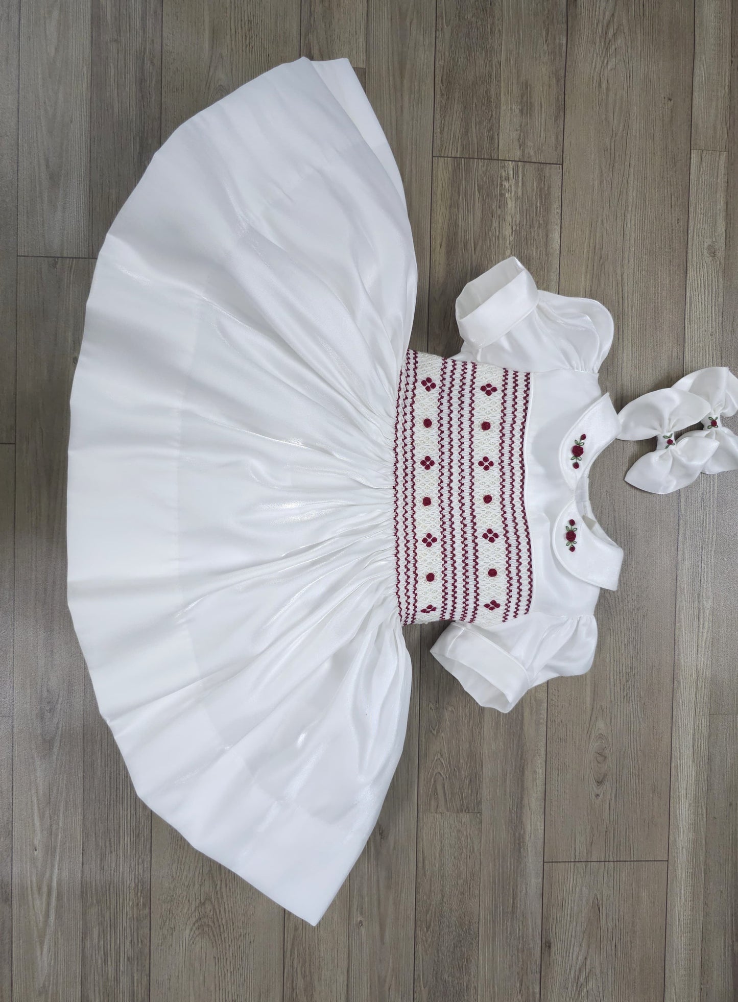 White with burgandy smocking and pearls PRE ORDER HERE IN 3 WEEKS