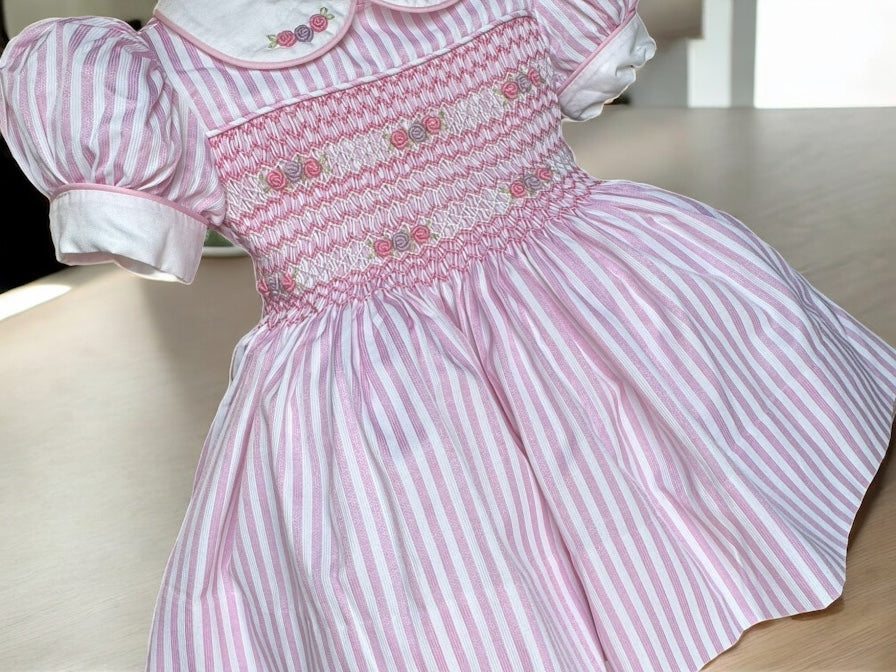 Pink and white stripe with pink and lilac smocking