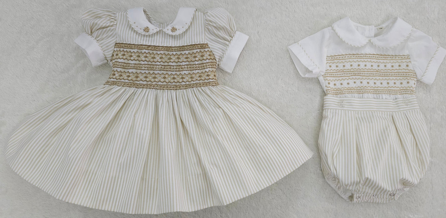 Gold and white striped dress with tan smocking ( got matching boys suit available )