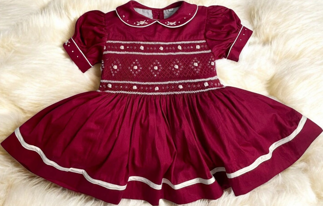 Burgandy and cream smocked dress ( got matching boys suit available )